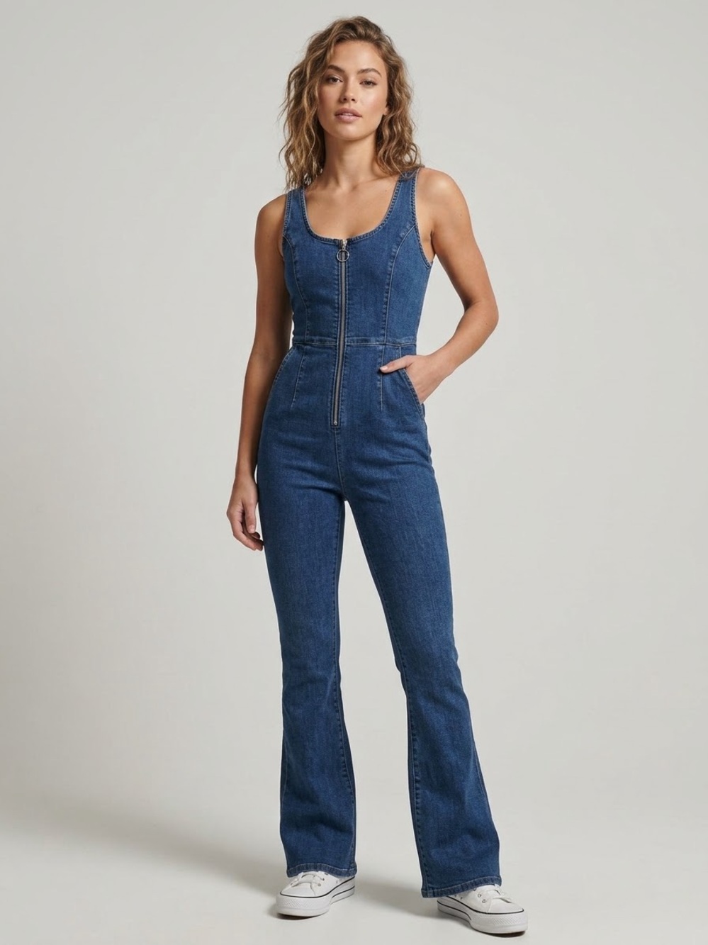 Forever 21 Dark Blue Denim Zip-Front Women's Flare Leg Jumpsuit - Size Small